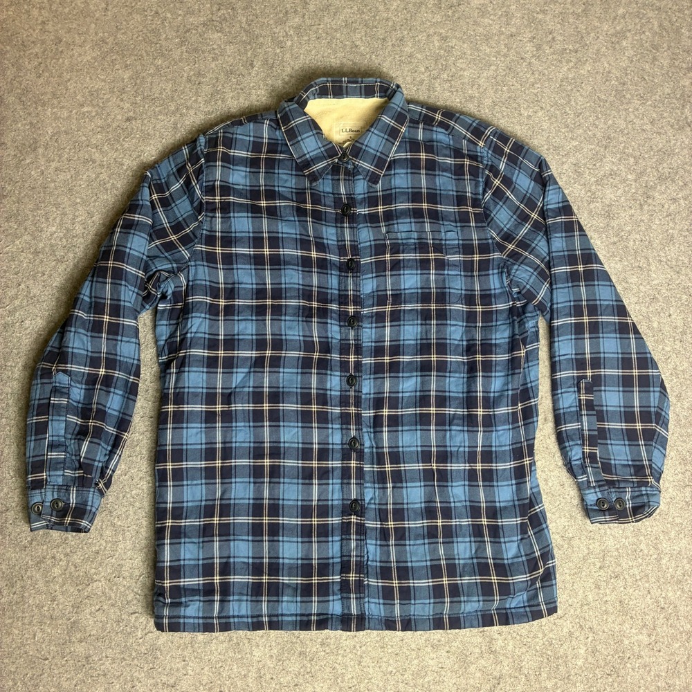 LL Bean Mens Small Fleece Lined Flannel Shirt Jacket Blue Plaid Outdoor Winter